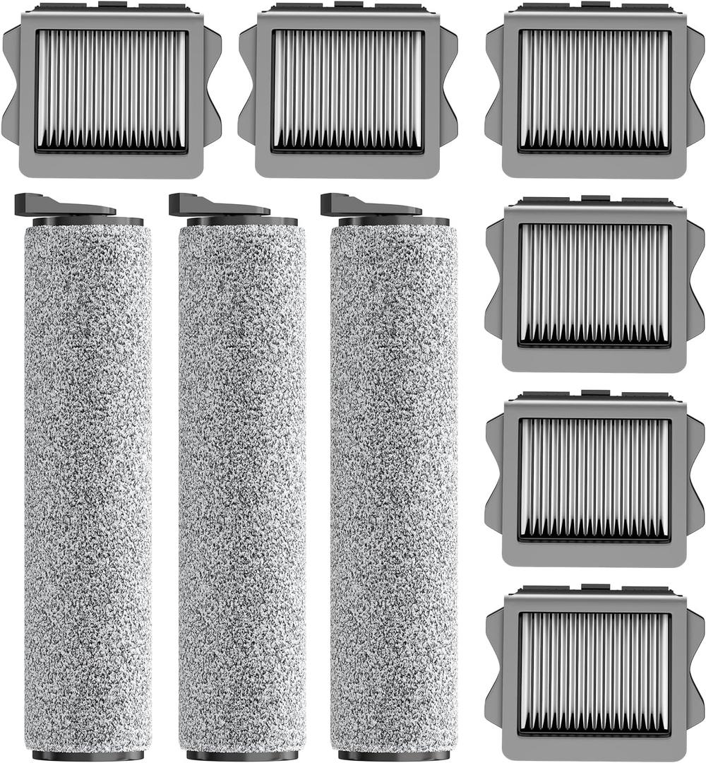 Vacuum Mop Replacement Parts Compatible with Tineco Roller Brush Replacement, Suitable with Ifloor 3 Series, Floor One S3 Series, Ifloor 5 Breeze Cleaner, Set Includes 3 Roller Brushes and 6 Filters