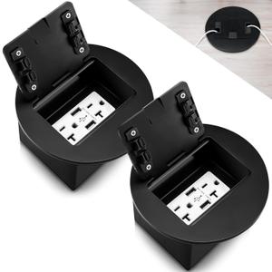 Kanayu 2 Pack Recessed Floor Outlet 3.98"x 3.66"x 4" 1-Gang with 4.8a USB Chargers 20 Amp Floor Receptacles Round Hidden Outlet Kit Electrical Waterproof Box Cover, Etl Listed(Black)