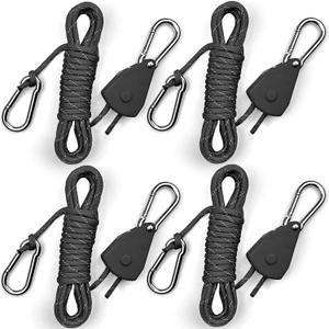 Longer 15ft Paracord Rope Tie Down Ratchet Strap Small Reflective Portable Adjustable Fix Camping Rope Tent Tarp Tie Downs Grow Plant Light Hangers Pulley Tightener Tensioner Adjuster 1/8in 4Pack (Black)