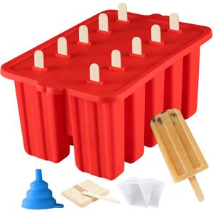 Silicone Popsicle Molds, 10 Cavity, BPA-Free, Red, Cone Shaped, Food Preparation Molds with Sticks and Funnel