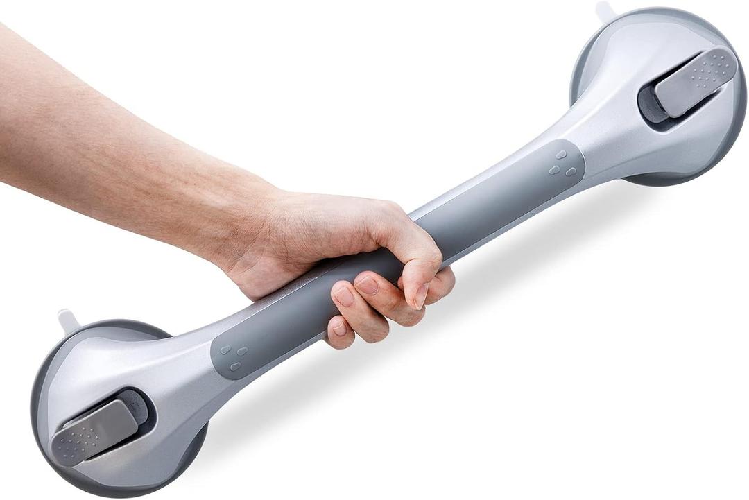 LEVERLOC Shower Handles for Elderly Suction, Grab Bars 17 Inch Strong Suction Bath Handrails, Safety Grip for Bathroom Chair, Bathroom Grab Bar for Senior No Drilling Waterproof,Silver