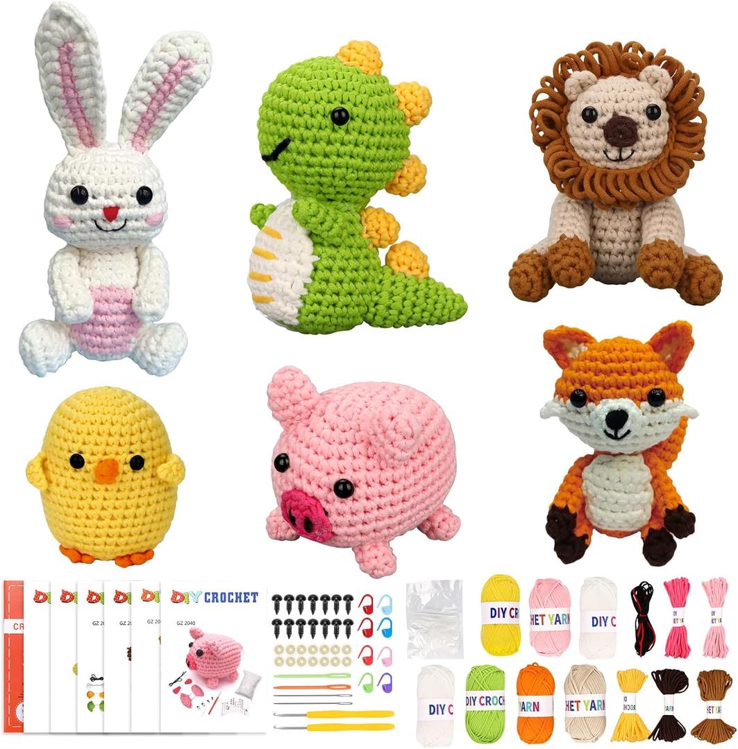 6Pcs Crochet Kits for Beginners with Upgraded Premium Custom Yarn & Step-by-Step Video Tutorials, Ideal Knitting Kit for Crochet Lovers & New Amigurumi Crochet Animal Kit for Adults (MultiColor)