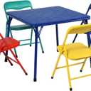 FurnitureR Kids 5-Piece Folding Square Table and Chair Set, Toddler Dining/Studying/Playing/Drawing Set Ideal for Daycare and Classrooms, Children's Activity Set, Multi-Color