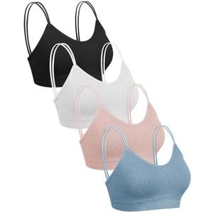 Omisy 4 Pcs Cami Bralettes for Women, Padded Sport Bra Pack No Underwire with Dual Straps for Sleeping, Yoga, Lounging Size (Color: Black,white,pink,blue, XL)