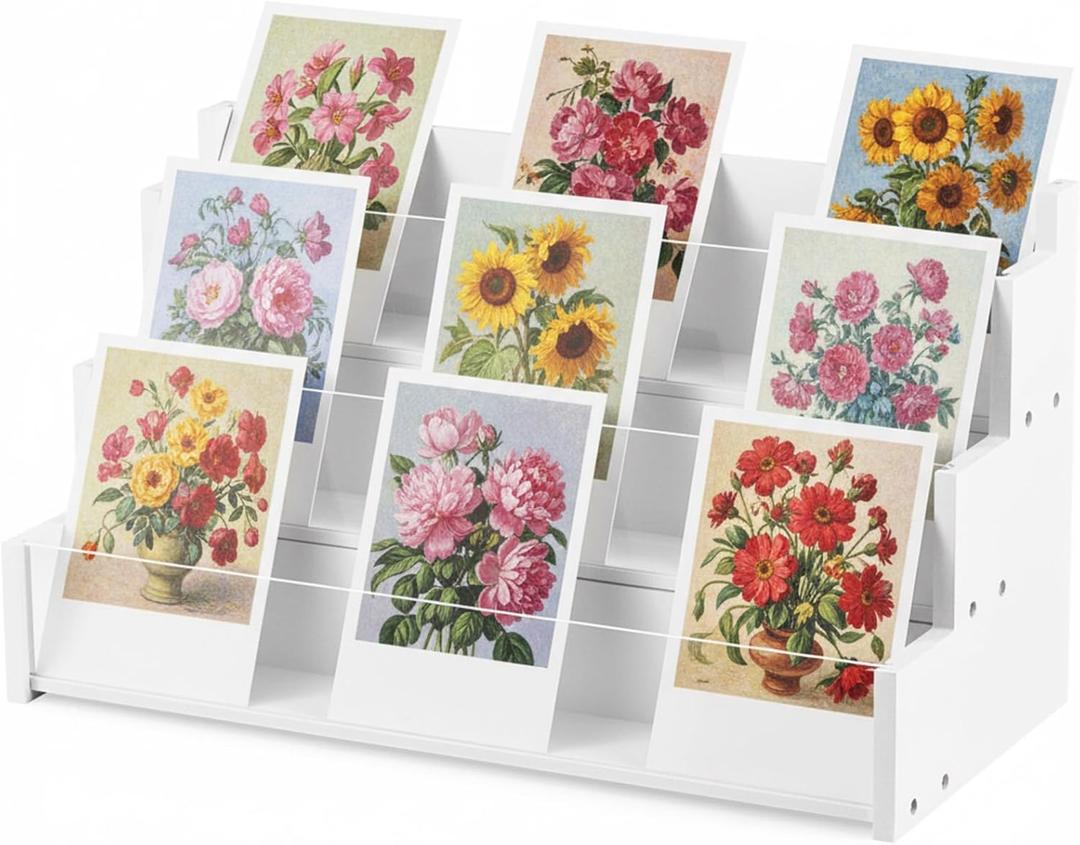 Yuntau 3 Tier Greeting Card Display Stand White Bamboo and Acrylic Sticker Display Stand Trading Card Holder Retail Photos Shelf for Vendors Craft Collection & Show