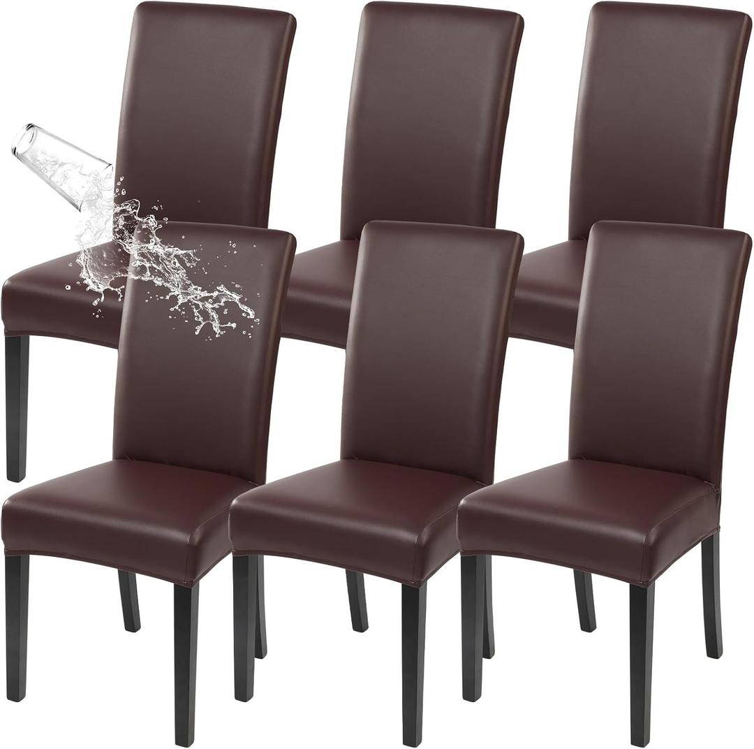 SearchI Waterproof PU Leather Dining Chair Covers Set of 6, Stretch Oilproof Parsons Chair Slipcovers Removable Washable Kitchen Chair Protector for Dining Room (Brown)