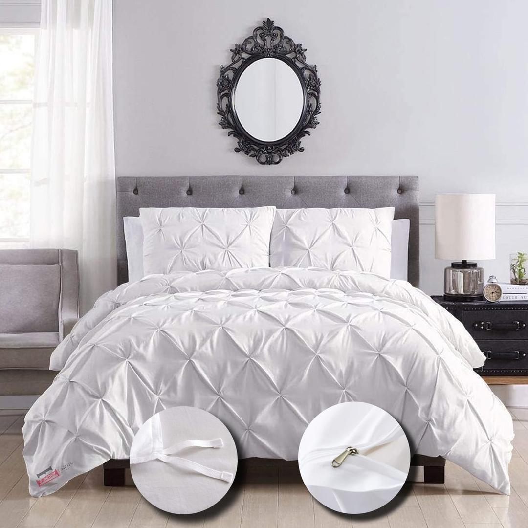 eBeddy Linens Ultra Silky Soft Pinch Pleated Egyptian Cotton Oversized King 120x98 Size 3-Pieces Duvet Cover Hidden Zipper Closer & Corner Ties Durable and Fade Resistant, Pintuck White