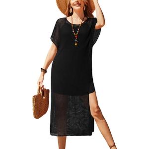 VOTEPRETTY Womens Two Piece Cover Ups Sets Crochet Beach Vacation Summer Swimwear Short Sleeve Outfits Split Knit Long Dress (Black)