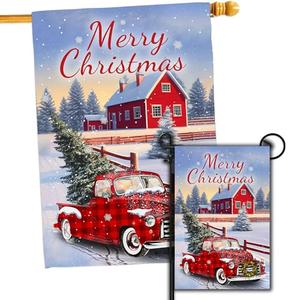 4SEASONS POD Merry Christmas Flag, Set 2 Merry Christmas Red Truck House Flag 28x40 and Christmas Garden Flag 12x18 Double Side, Winter Decorations Flag for Holiday Yard Lawn Outdoor Décor