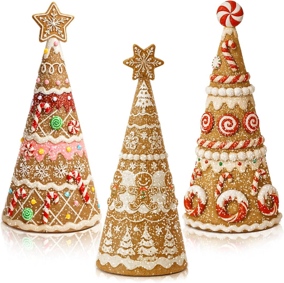 3 Pack Gingerbread Christmas Tree Figurines Christmas Tabletop Decorations Resin Gingerbread Cone Tree Decor Figurines for Xmas Home Centerpieces Tiered Tray Ornament Gifts