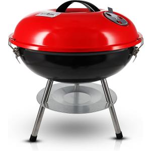 GasOne 14-inch Portable Charcoal Barbecue Grill with Thermometer – Red | 3-Point Locking Lid for Heat Preservation – Dual Venting System – Small Charcoal Grill for Backyard, Camping, Boat