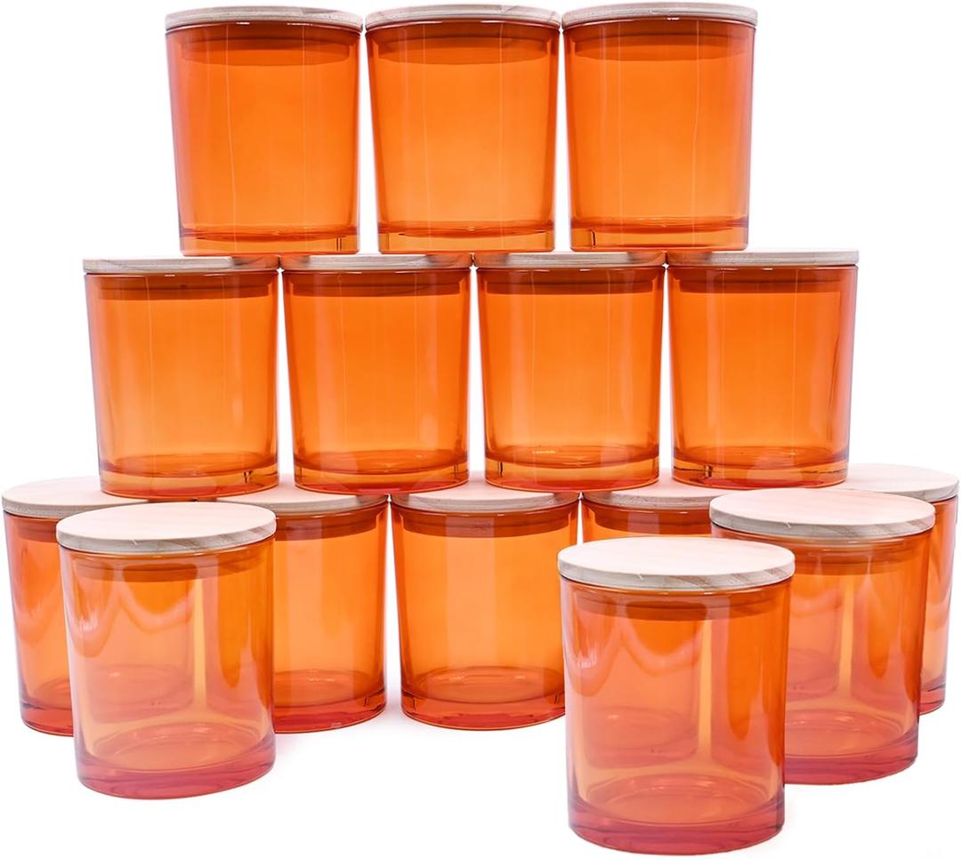 10 OZ Thick Candle Jars for Making Candles 15 Pcs, Empty Jars with Wood Lids for Candle Making, Sample Container, Clear Orange