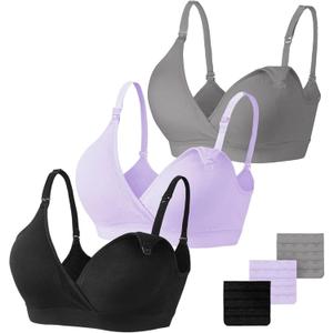 Vinfact 3 Pack Nursing Bras for Breastfeeding Seamless V Neck Maternity Bra Women Pregnancy Breastfeeding Bra (Medium, Black/Grey/Purple)