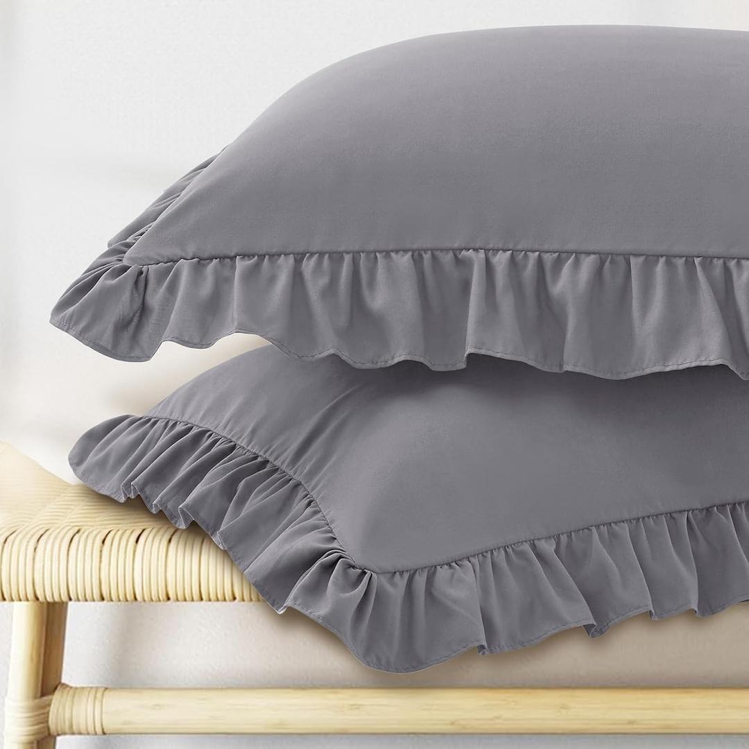 KKJIAF Ruffle Pillow Cases King Size Set of 2, Ruffled Pillow Covers with Envelope Closure, Wrinkle Resistant Ruffled Pillow Shams 20" x 36", Grey