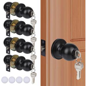 4 Pack Keyed Entry Door Knobs Matte Black Round Exterior/Interior Door Lock with Keys for Bedroom Bathroom, Hardwares & Instruction Included