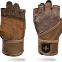 Harbinger Pro Wristwrap Gloves 3.0 - Enhanced Grip, Superior Wrist Support, Breathable 4-Way Stretch Lycra, Durable Leather Palm, Half-Finger Design for Weightlifting, Fitness Training, Women's (Medium, Tan Camo)