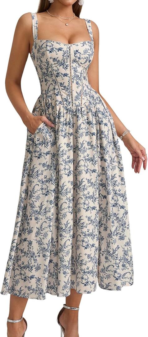 KUTUMAI Floral Corset Midi Dress Flowy Slit Summer Spring Wedding Guest Dresses for Women Sundress with Pockets (Beige, XL)