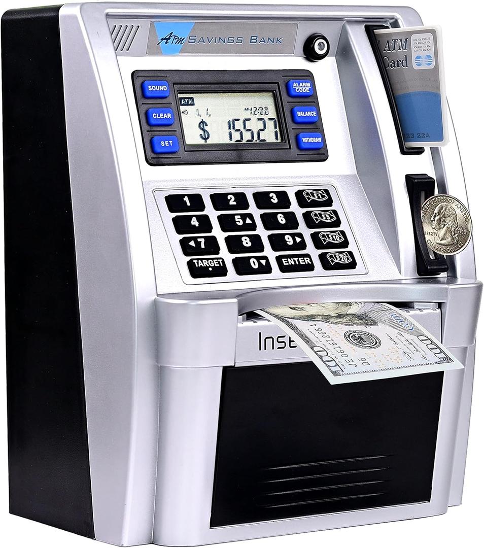 ATM Piggy Bank for Real Money for Kids Adults,Toy Money Bank with Card,Password,Coin Recognition,Bill Feeder,Balance Calculator,Electronic Money Safe Coin Box,Hot Gift for Boys Girls (Silver/Black)