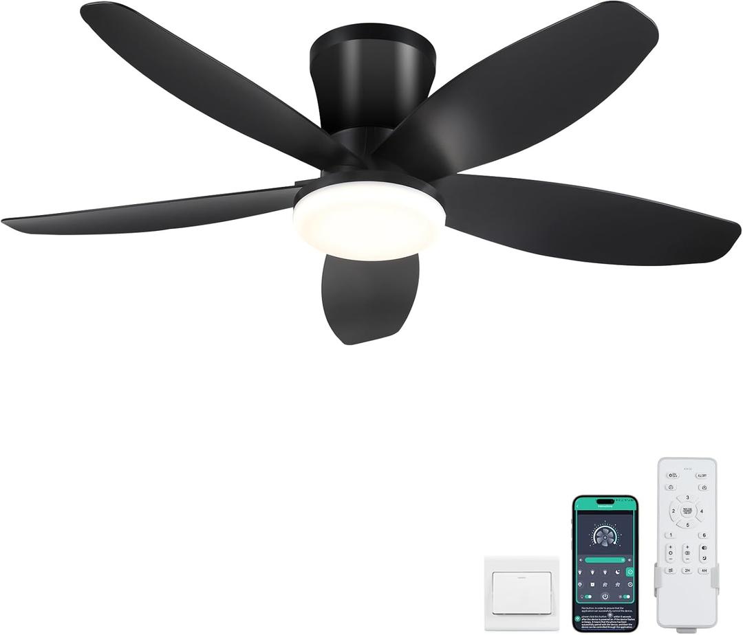 Surtime Ceiling Fans with Lights-36 Low Profile Ceiling Fan with Light and Remote/APP Control, Flush Mount, DC Reversible, LED Dimmable Black Ceiling Fans for Bedroom, Indoor/Outdoor Patio Use (Black)