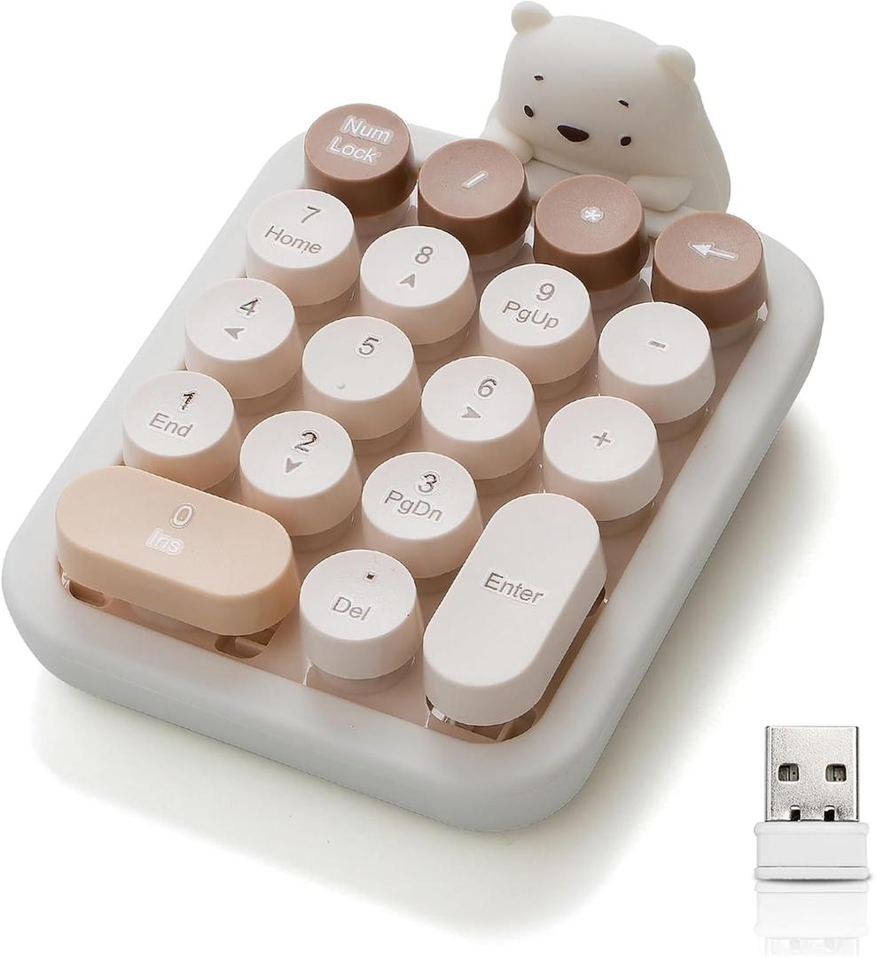 Cute Wireless Numeric Keypad with Silicone Bear, Colorful Round Keycaps, 2.4G USB Wireless Connection, Portable Financial Accounting Numpad Number Keyboard, Suitable for PC, Laptop (MilkTea)