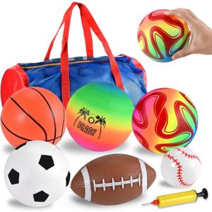 6 Pcs Outside Toys Balls for Toddlers 1-3 with Bag, Toddler Outdoor Sports Toys, Bouncy Balls Playground Beach Ball for Kids, Football Basketball Rugby Baseball Volleyball Soccer 1 2 3 4 5 Gift