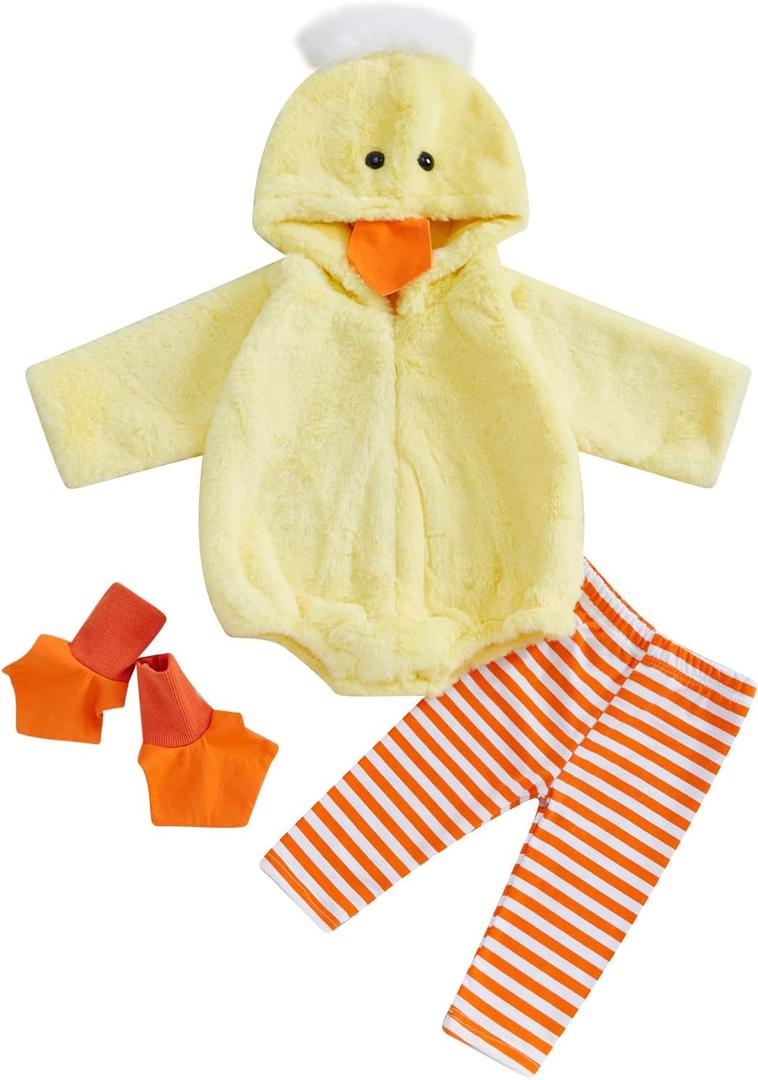 Twopumpkin Baby Chick Halloween Costumes Cute Infant Toddler Girl Boy Duck Costume Cape Sleeve Fuzzy Romper+Striped Leggings (18-24 Months, Hooded Duck 3pcs Yellow)