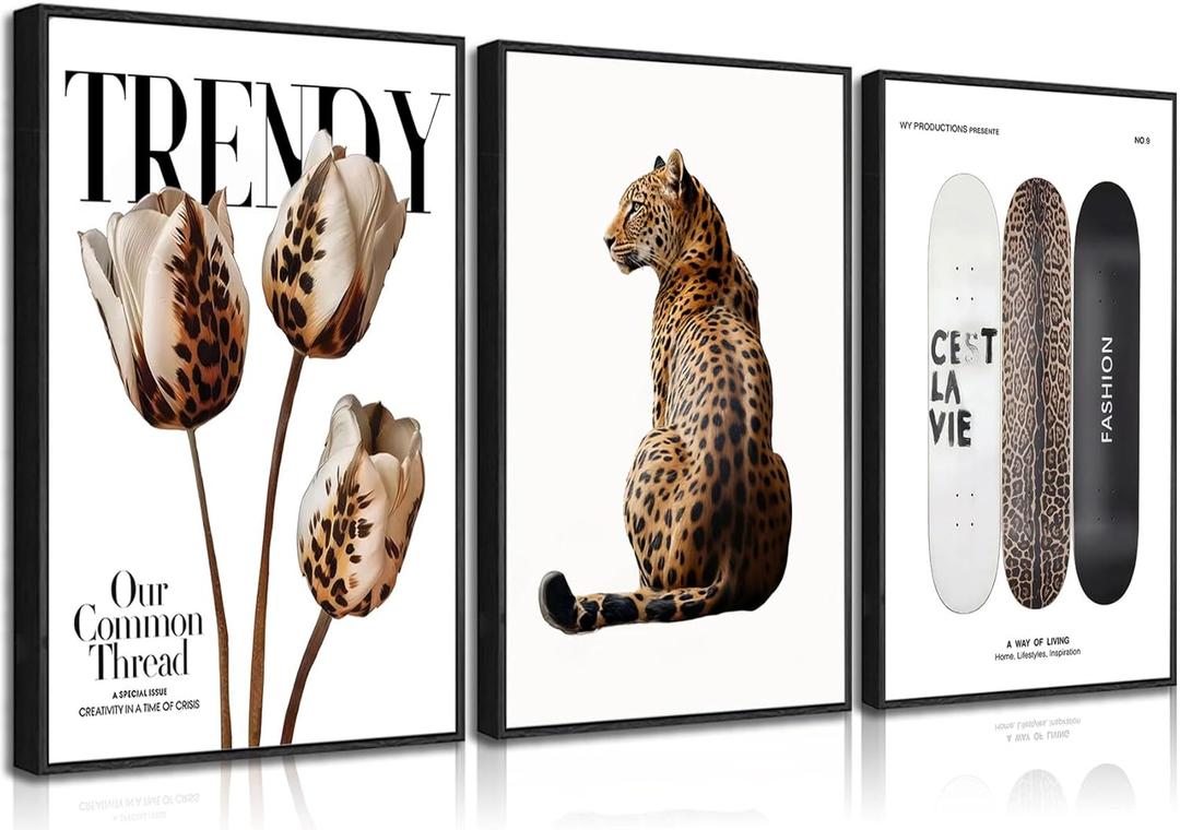 3Pcs Black Framed Trendy Leopard Print Canvas Wall Art Picture Stylish Female Aesthetic Poster Cheetah Printed Preppy Fashion Skateboard Wall Decor for Bedroom Apartment Dorm Living Room 16x24in