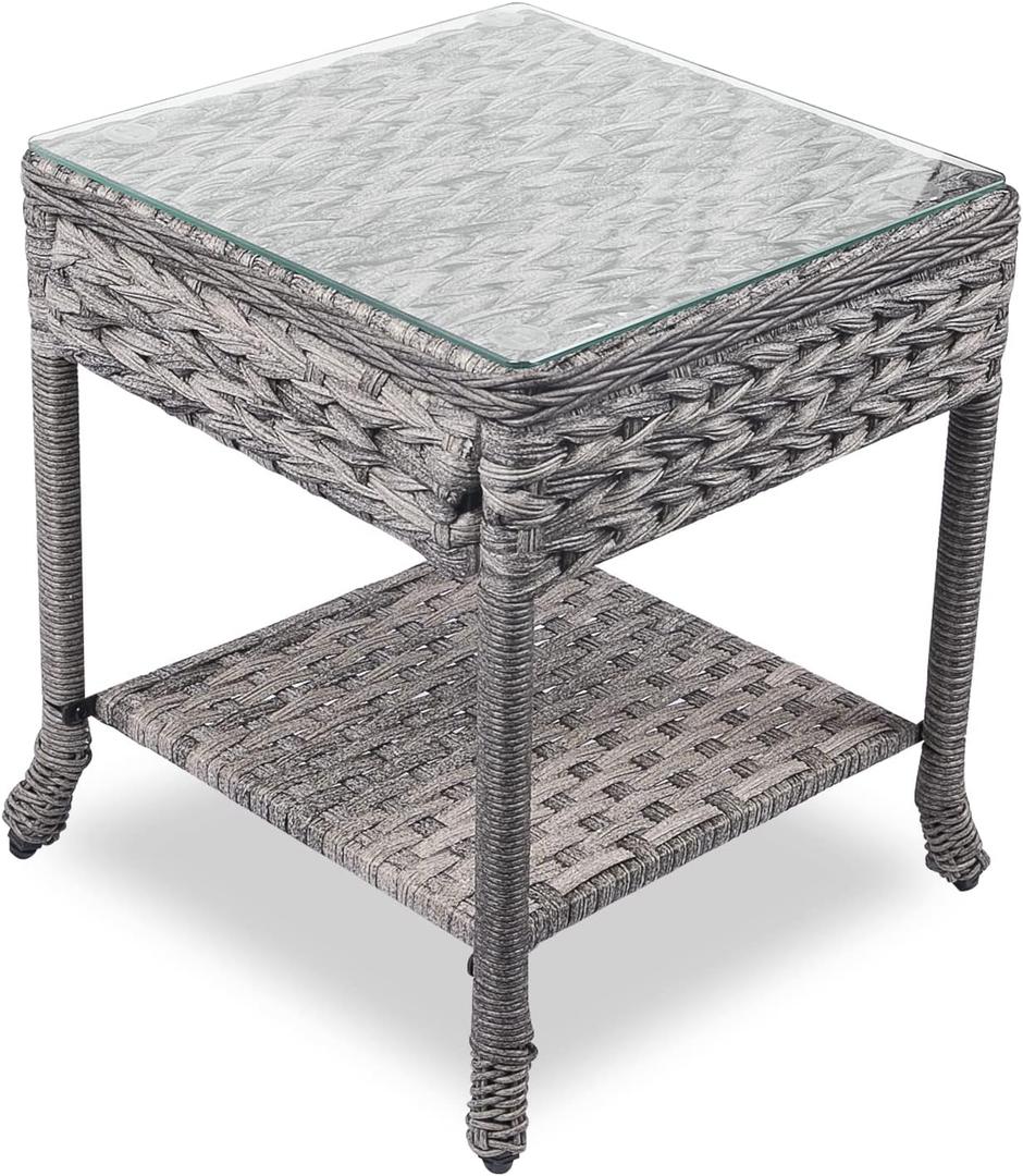 Wicker Patio Table,Rattan Coffee Table with Glass Top for Patio Proch Deck Balcony Rectangle Brown