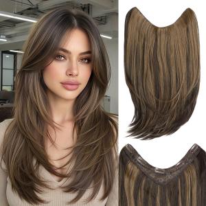Clip in V-Shape Hair Extensions for Women 18 Inch One Piece Synthetic Straight Hair Extension Full Head Hairpiece with 5 Clips Coffee Brown