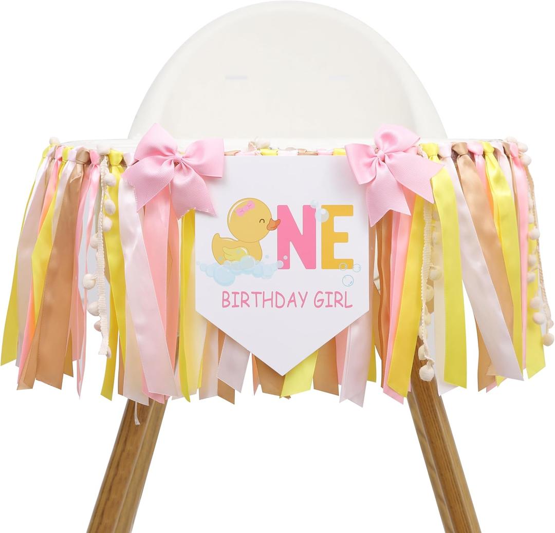 Rubber Duck 1st Birthday High Chair Banner-Pink Bow Girl's 1st Birthday Decoration, Duck One High Chair Banner, Personalized Duck High Chair Garland, Bow Princess Theme Party Supplies