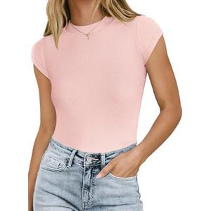 MISSJOY Women Crew Neck Short Sleeve Ribbed Stretchy Casual Slim Fit Bodysuit T Shirts Tops S MISSJOY Women Crew Neck Short Sleeve Ribbed Stretchy Casual Slim Fit Bodysuit T Shirts Tops S