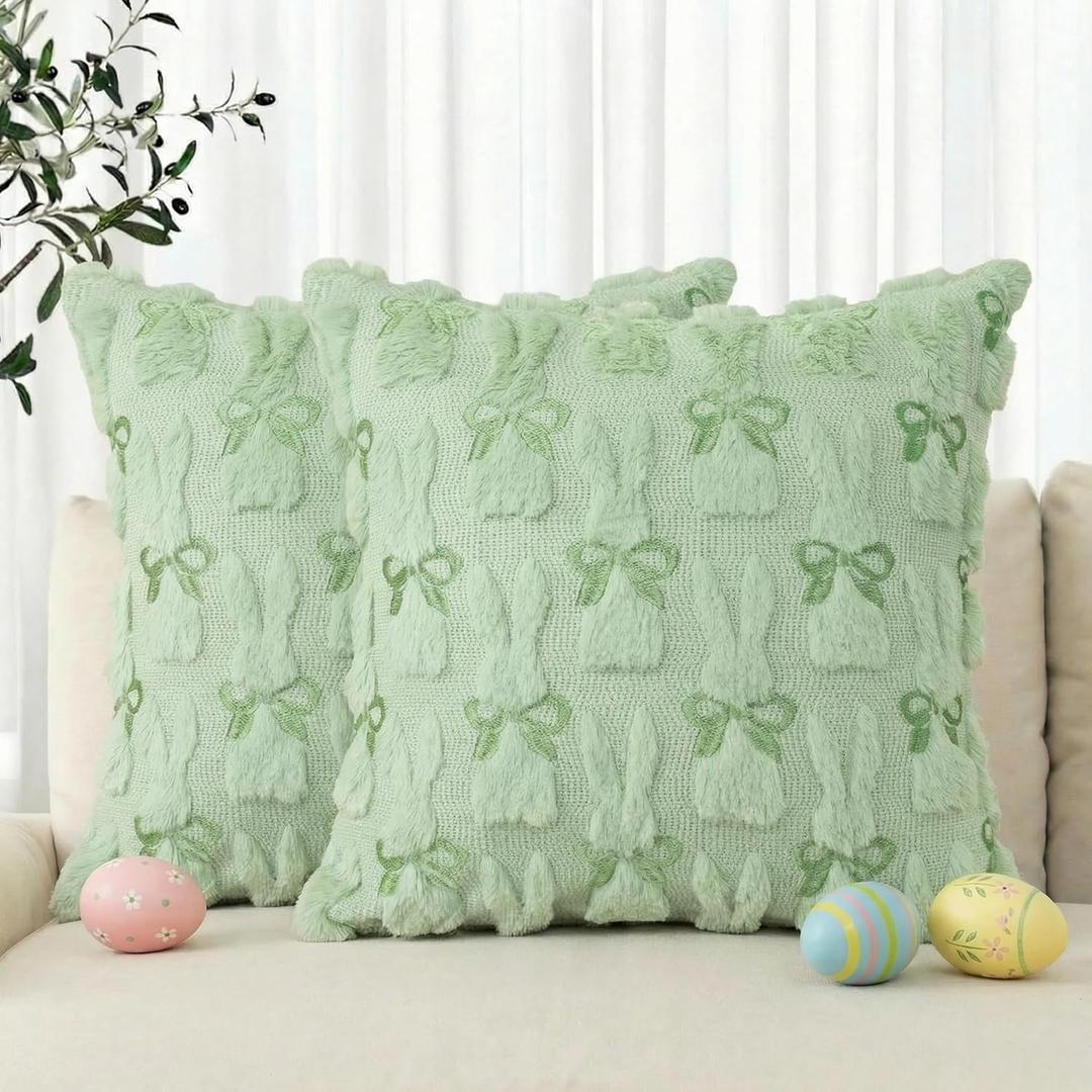 AVOIN colorlife Easter Rabbits Green Embroidered Throw Pillow Covers, 18 x 18 Inch Bunny Soft Plush Faux Fur Jacquard Cushion Case Decoration for Sofa Couch Set of 2
