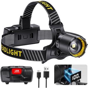 YNYS led headlamp Rechargeable,60H Bright Headlights with Sensor&Digital Display, Zoomable,12 Modes,120Adjustable,Waterproof Head lamp for Working Camping Fishing Hiking