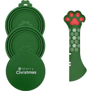 Christmas Pet Set - 3 Cat Food Can Lids & 1 BPA-Free Can Opener | Cute Paw Shape Opener Spatula Spoon for Wet Food | Silicone Spoon & Covers for Dog Cat - Christmas Green