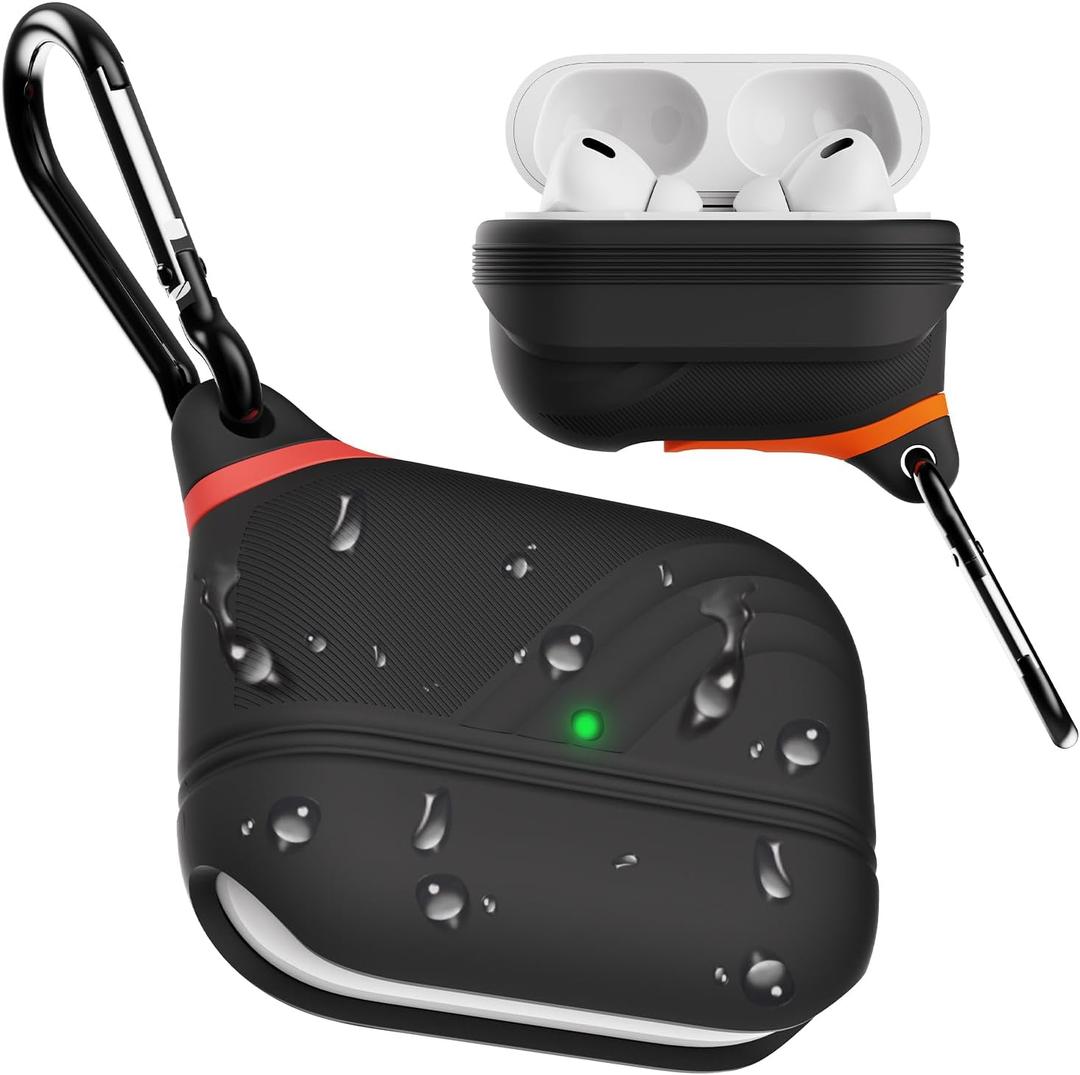 for AirPods Pro 3 Case Silicone - Waterproof, Shockproof, Drop Protection, Textured Design, Wireless Charging Supported, One-Piece Folding Design with Carabiner for Apple AirPods Pro 3rd Gen - Black