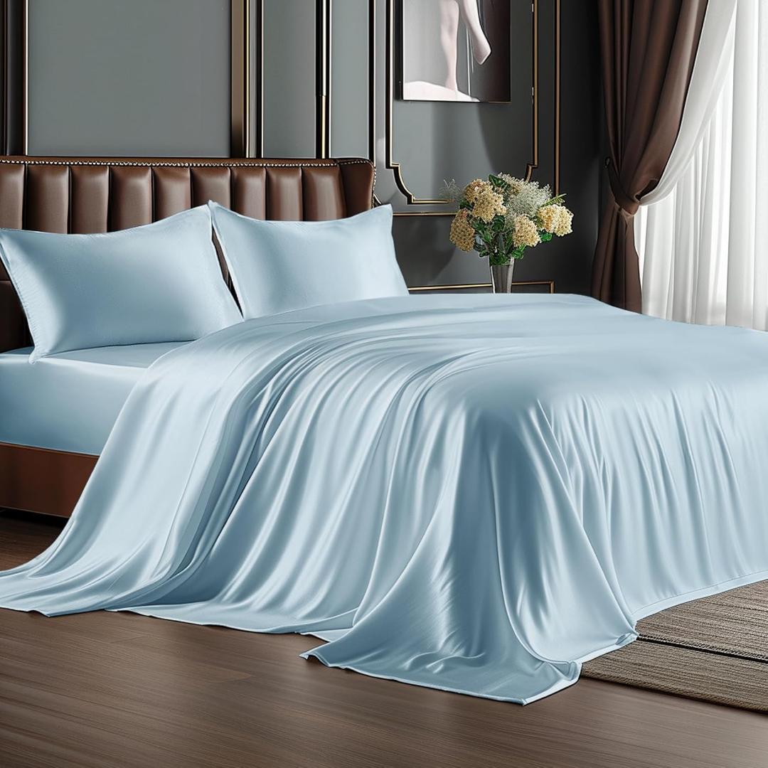 BEDELITE King Size Sheets Set, Luxury Soft Light Blue Satin Sheets for Hair and Skin, Similar to Silk Bed Sheets Set 4 Pieces with 1 Deep Pocket Fitted Sheet, 1 Flat Sheet, and 2 Pillowcases