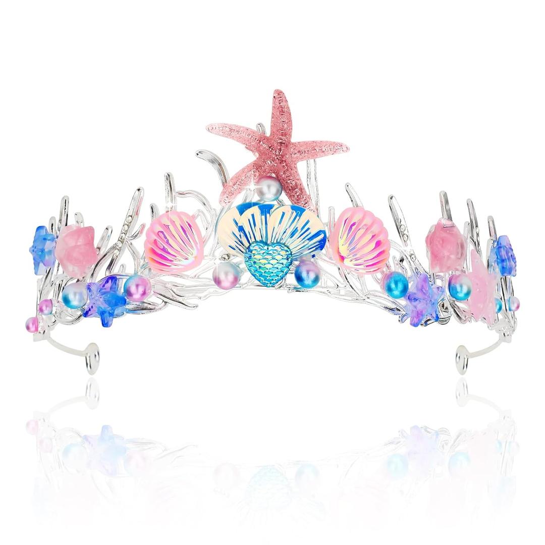 YARIEW Mermaid Crown Birthday Decorations, Costume, Tail Starfish Scales Seashell Hair Accessories for Women and Girls, Wide Headband, Party Gifts (Pink)