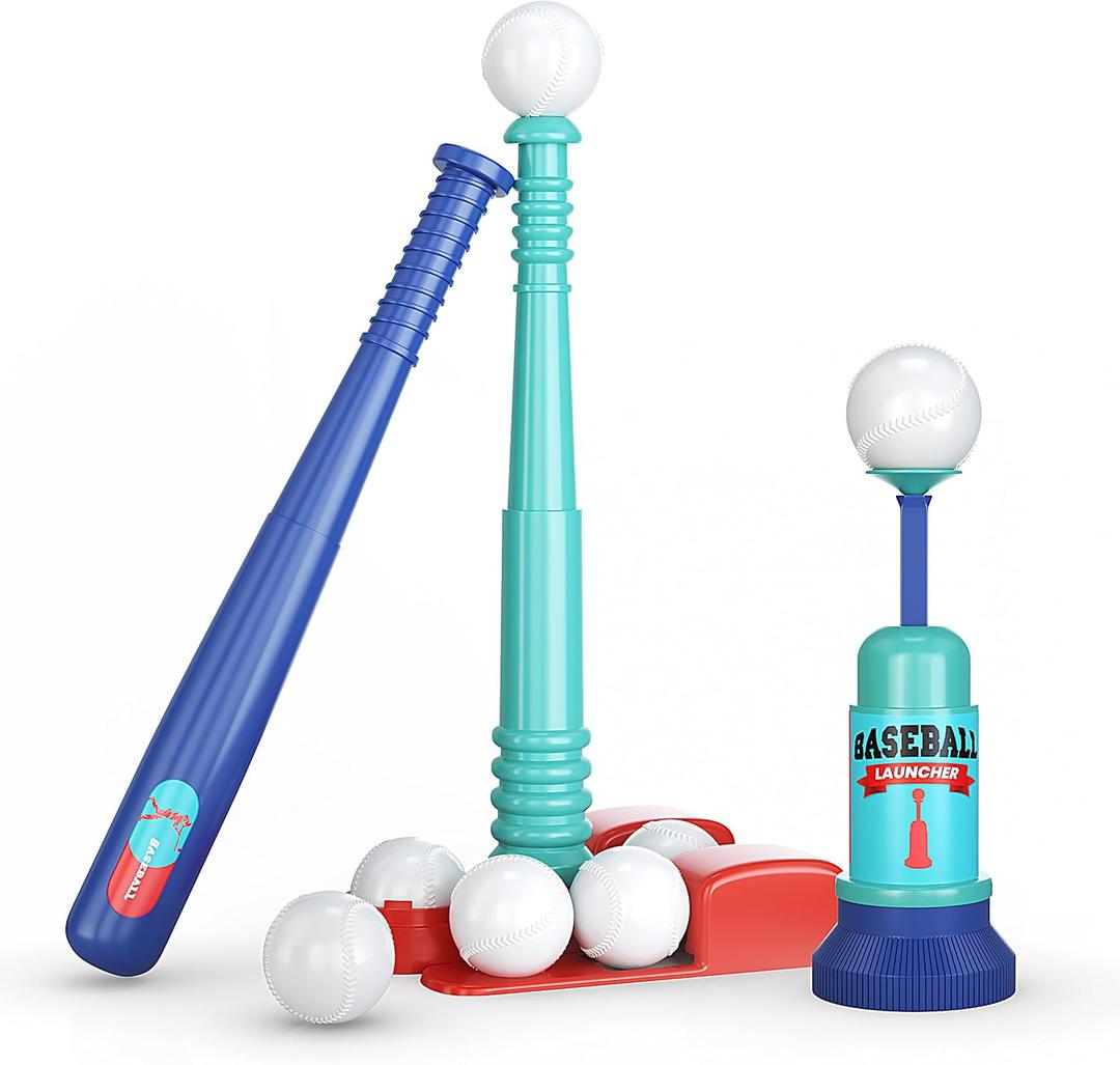 T Ball Stand for Kids and Toddlers 1-3, 3-5, 5-8. Baseball Set Includes 6 Large Balls, an Adjustable Tball Batting Tee, and a Pitching Machine. Kids Bat and Ball, T-Ball Sets for Kids