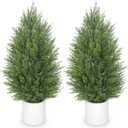 Briful 3ft Artificial Cedar Topiary Trees, Set of 2 Realistic Faux Cypress Outdoor Plants, Fake Front Porch Trees, UV Protection Patio Trees in White Pot for Outside