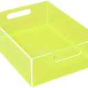 Acrylic Storage Bin Pantry Storage Container with Handles Kitchen Organizer Bin for Cabinet Cupboard Organization, Heavy Duty, 12.6 x 9.4 x 4'', Neon Green (Medium)