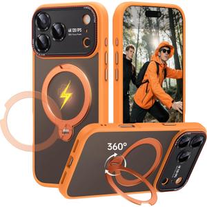 For iPhone 17 Pro Case: 360 Spin Magnetic Stand, Camera Protection (Compatible with MagSafe) [18FT Military Protection] Shockproof Matte Translucent Phone Cover for iPhone 17 Pro 6.3", Orange