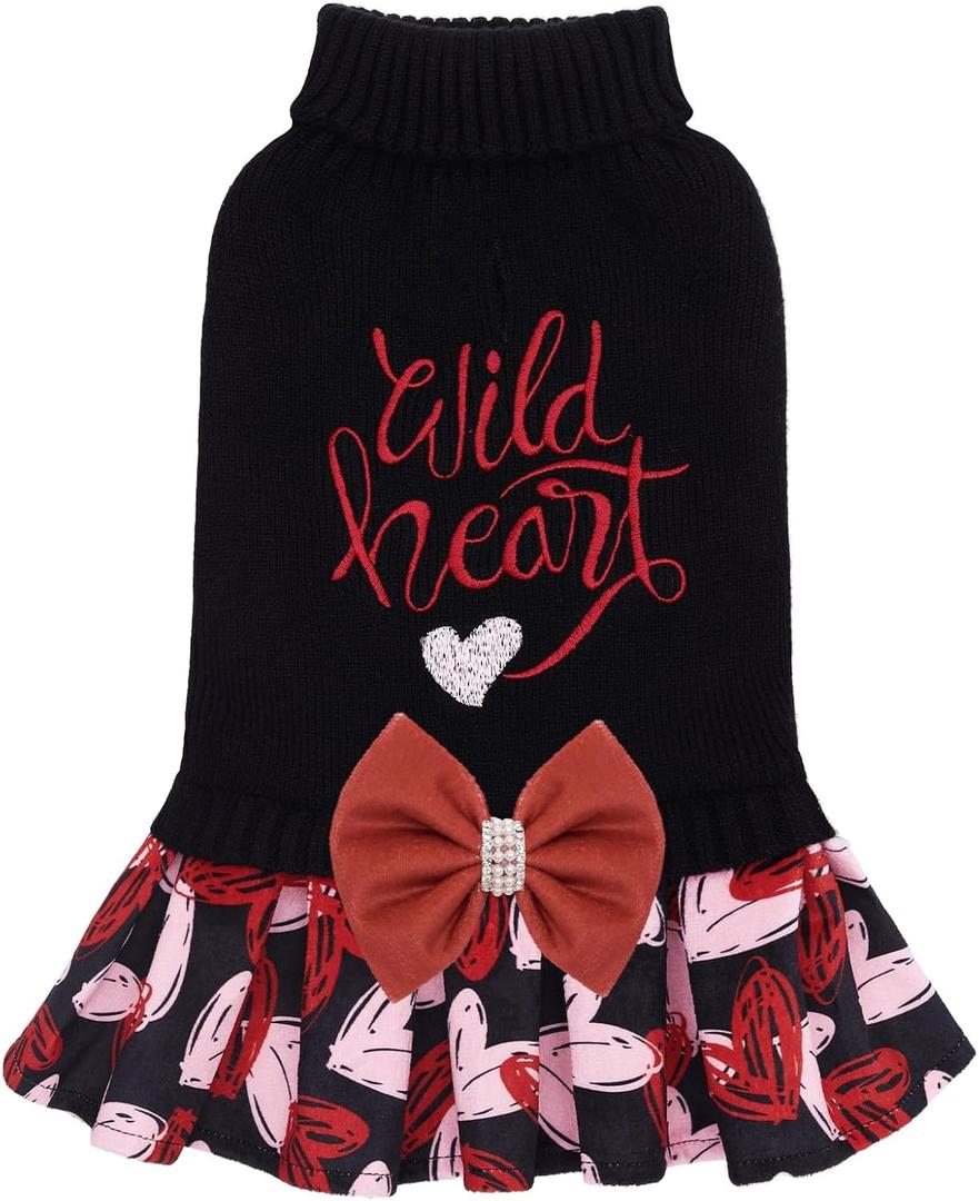 CuteBone Core Spun Dog Sweater Dress for Small Dogs Girl, Wild Heart Embroidery Turtleneck Medium Dog Sweater with Leash Hole, Dog Coat for Chihuahua Yorkie Teacup DS103L