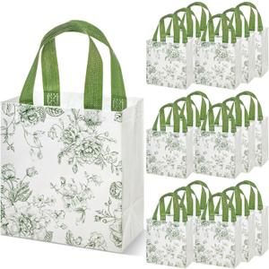 Sweetude 16 Pcs Sage Green Floral Gift Bags Floral Gift Bag with Handles Flower Party Favors Non Woven Reusable Tote for Women Wedding Birthday Baby Shower Mothers Day Party Decorations