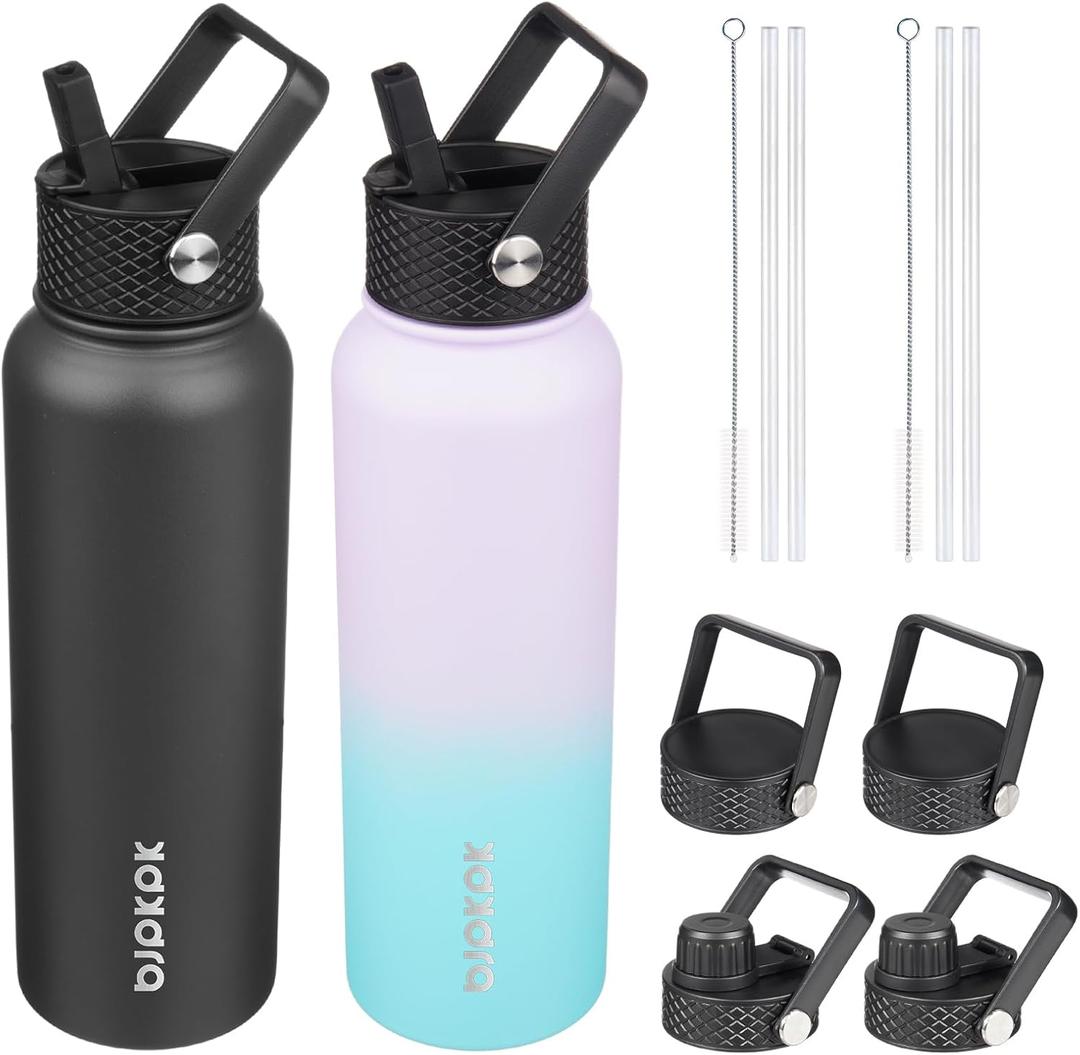 BJPKPK 2 Pack Insulated Water Bottles with Straw Lids, 40oz Stainless Steel Metal Water Bottle with 6 Lids, Leak Proof BPA Free Jugs, Cups, Flasks for Travel, Sports (Lavender Green+Black)