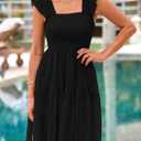 PRETTYGARDEN Womens 2025 Trendy Mini Summer Dresses Sleeveless Tulle Ruffle Square Neck Tiered Smocked Beach Vacation Dress (Black, S)