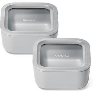 Caraway 2pc Glass Food Storage Set - 10 Cup Food Containers (2) - Ceramic Coated - Non Toxic, Non Stick Lunch Box with Lids. Dishwasher, Oven, & Microwave Safe - Grey