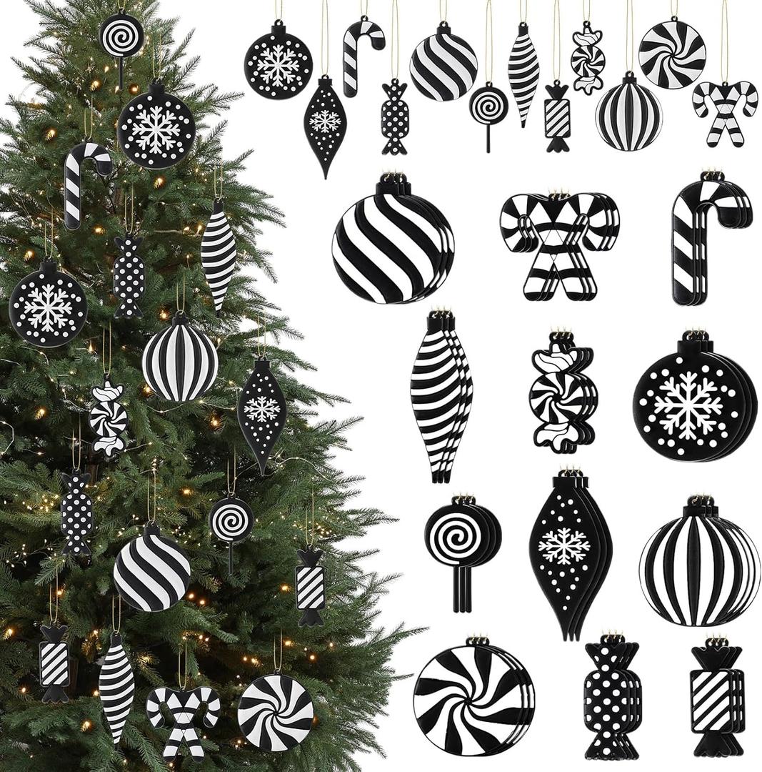 Syhood 36 Pcs Christmas Tree Ornaments Christmas Black and White Ornaments for Xmas Tree Snowflake Peppermint Lollipop Candy Cane Hanging Decor Silicone Decorations for Holiday Party