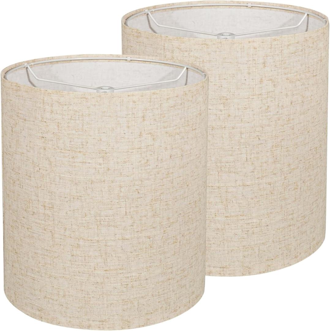 Tall Lampshades Set of 2, Beige Linen Drum Lampshades, 11" Top x 11" Bottom x 12" High Lamp Shade, Lamp Shades Replacement for Table and Floor Lamps, Pendant Light, Handcrafted, Easy Assembly