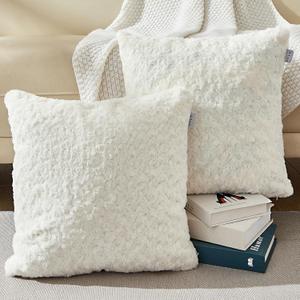 18 x 18 Ivory02 Pillow Covers Couch Throw Pillow Cases for Living Room Bed Room Faux Rabbit Fur with Rose Pattern Square Cream White 02 Cushion Covers for Bed Couch Sofa Chairs