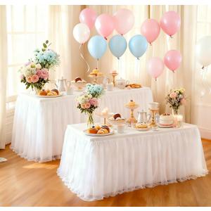 2-Pack White 2-in-1 Tulle Tablecloth for 6-Foot Rectangular Table Stretch Fitted Table Skirt & Cover for Baby Shower, Bridal, Birthday, Princess Party